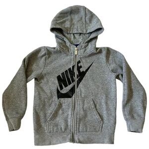 Nike Youth Size 6 MEDIUM Kids Grey Full Zip Hoodie Swoosh Spellout Pockets